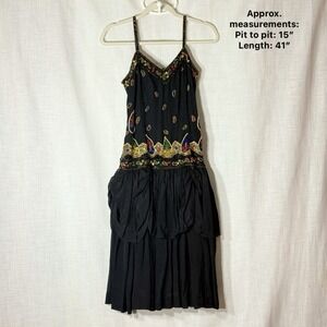 Vintage Gina G Black Beaded Silk Dress 80s Glam Pageant Drop Waist S